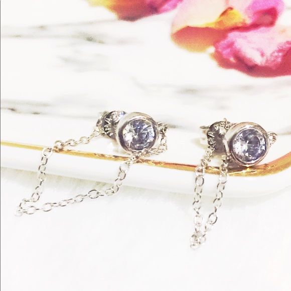 SS 925, CZ Circular Diamond Stone w/Chain Earrings - Picture 7 of 15